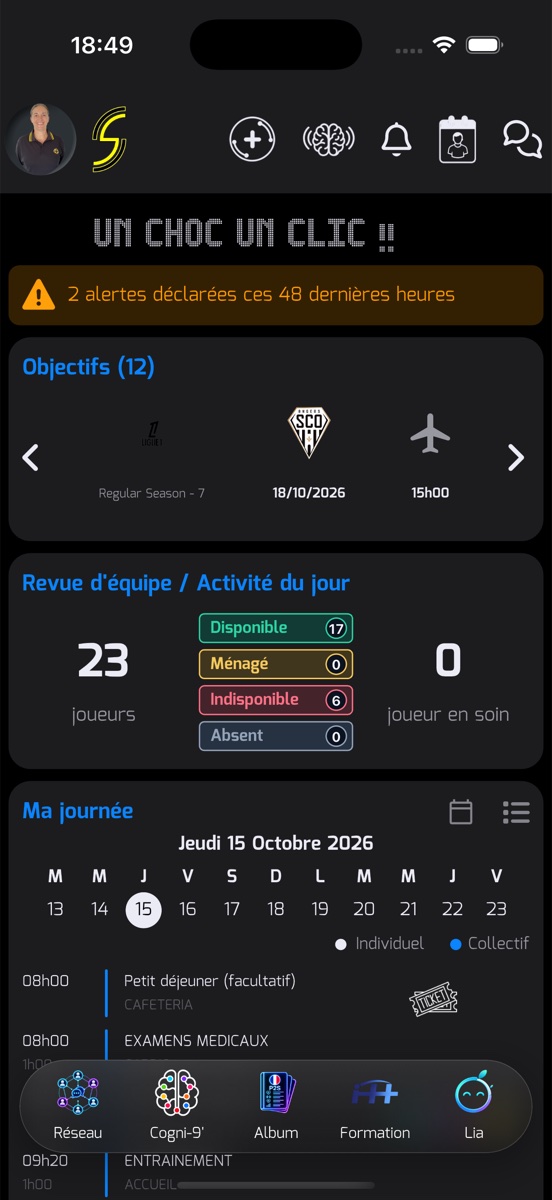 Capture EZTM : tableau de bord sur téléphone avec la revue d’équipe et le planning